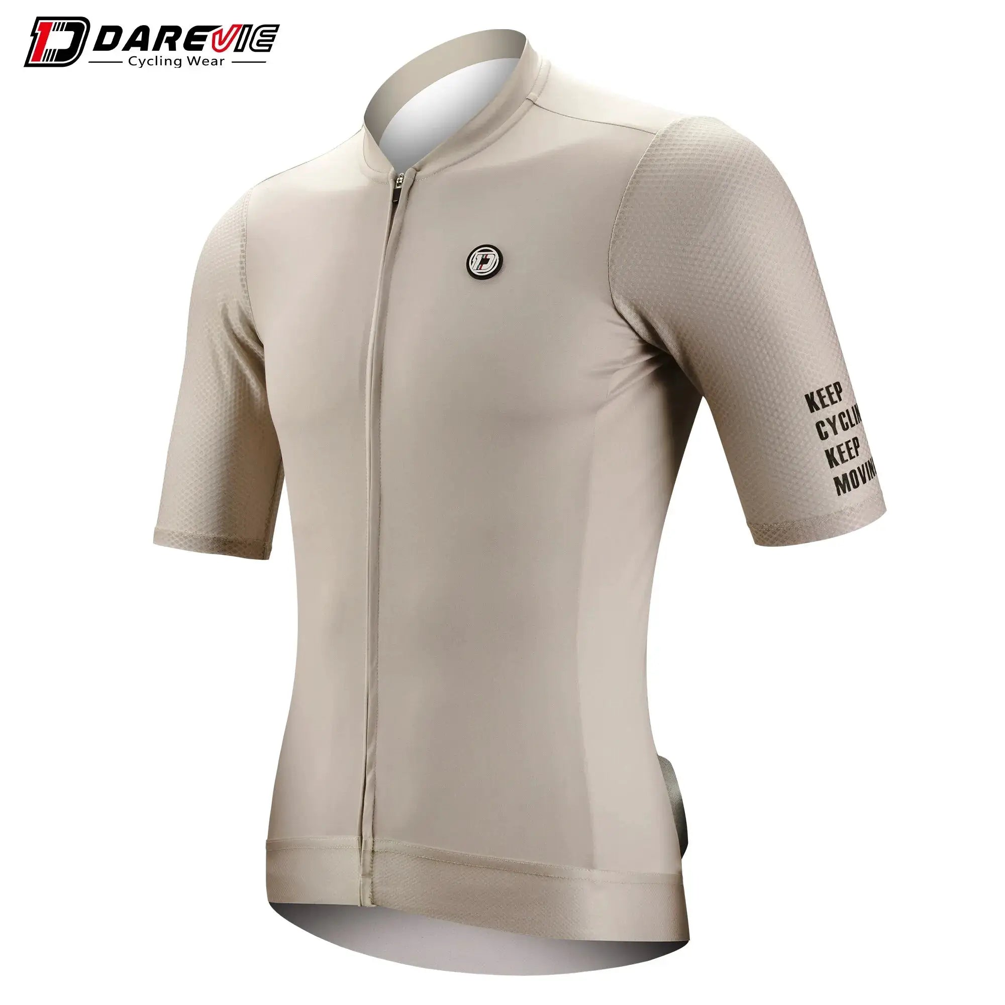DAREVIE cycling jersey beige, short-sleeve with front zipper, breathable textured sleeves and chest logo