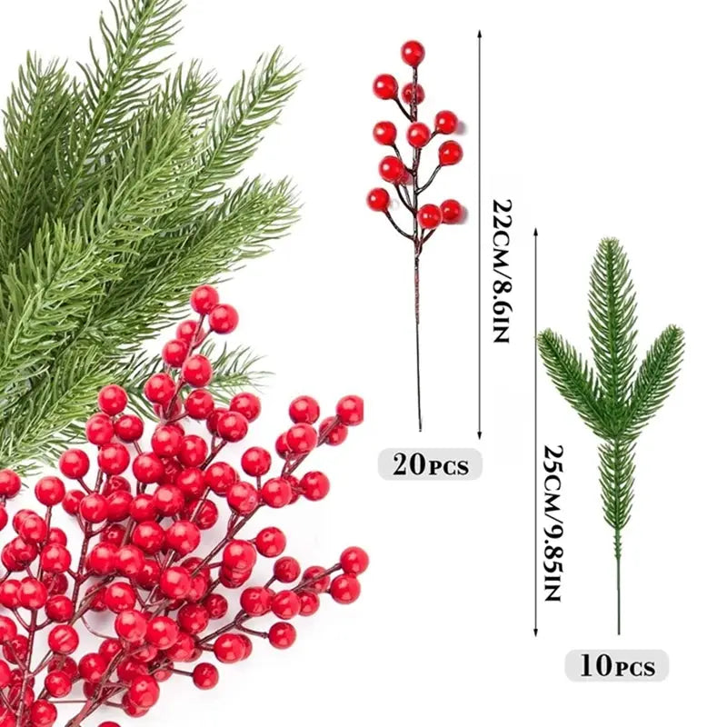 Simples Market 10Pcs artificial pine branches with red holly berries for Christmas trees and wreaths