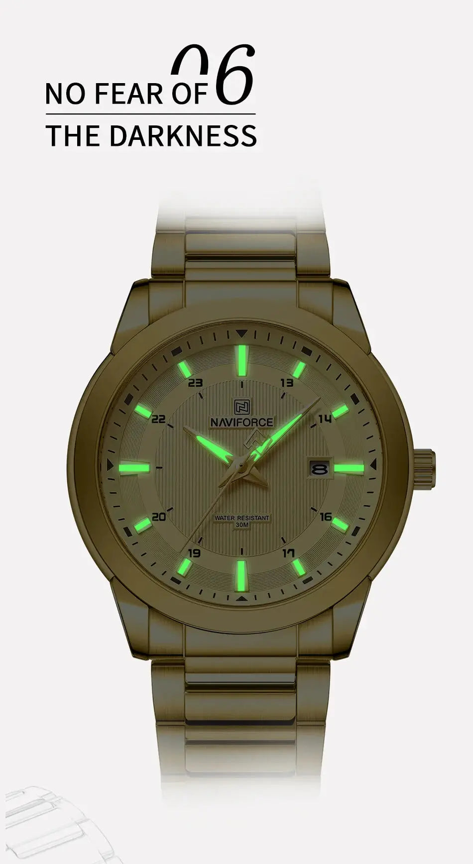 Naviforce men's gold-tone stainless steel watch with luminous green markers, date window, water resistant 30m