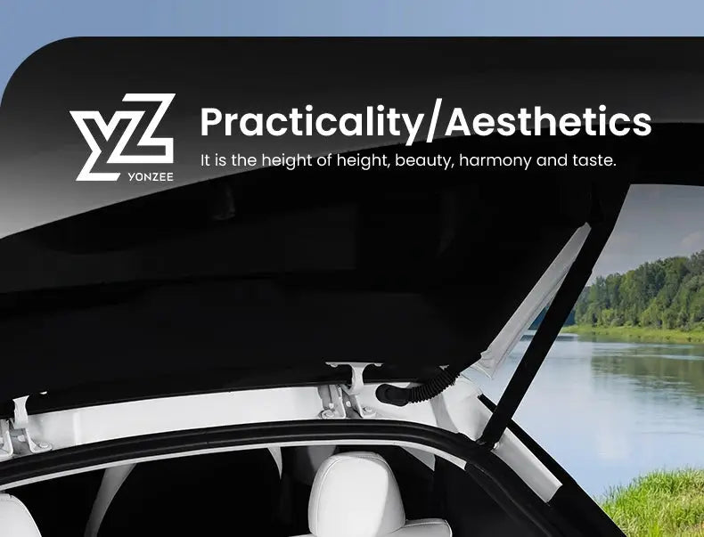 Trunk mats banner by YZ Yonzee over an open car trunk with white leather interior and scenic lake background.