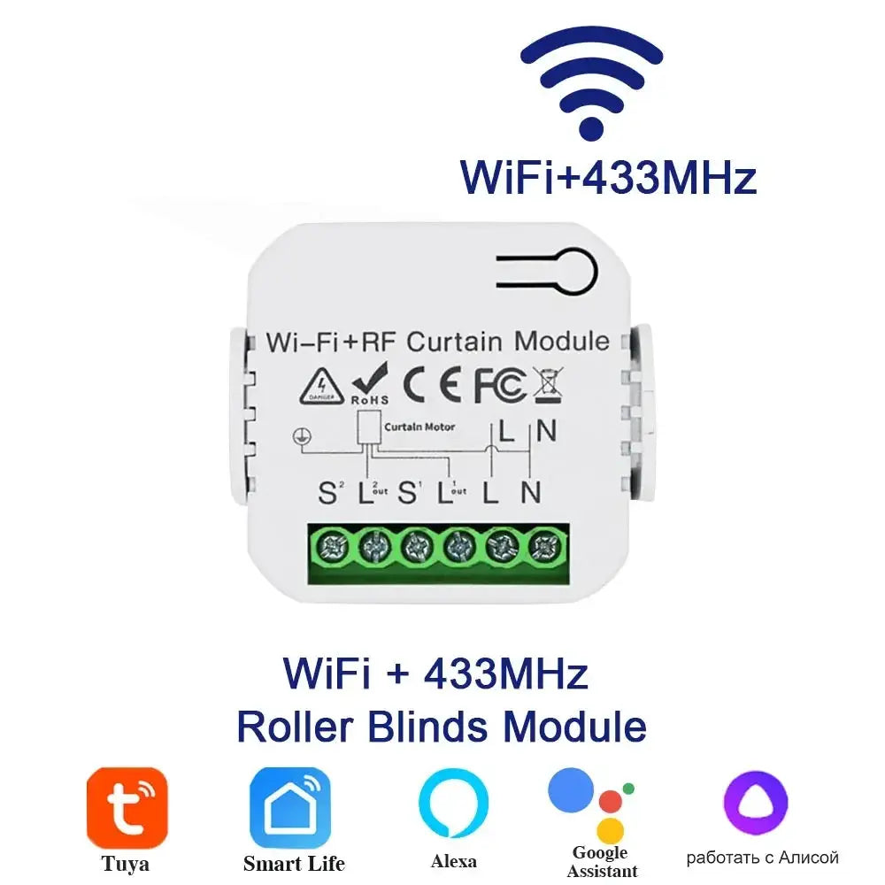 Curtain module Tuya WiFi 433MHz for roller blinds; white plastic, works with Alexa and Google Assistant