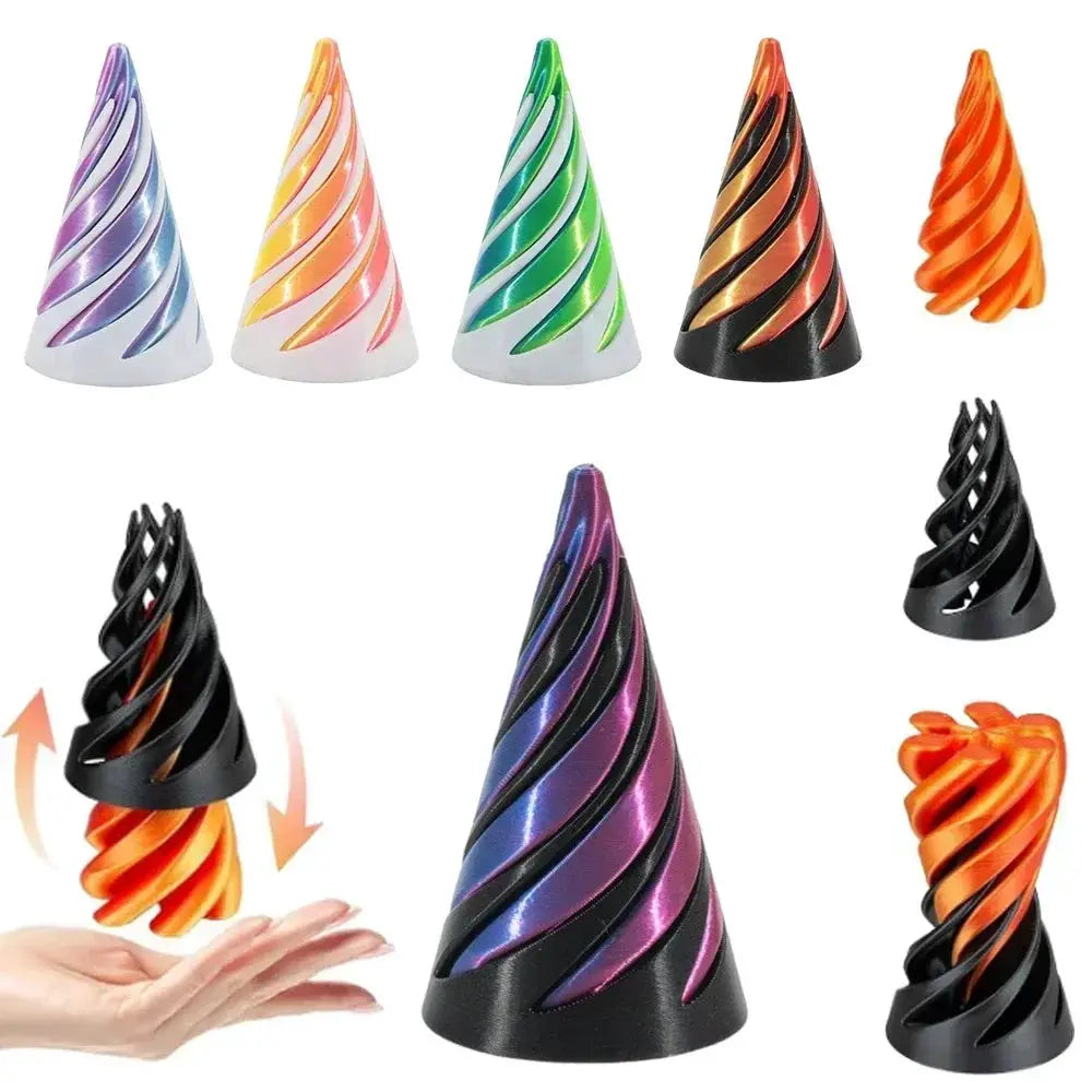 3D printed helix screw rotating toy set by Simples Market, 9 colorful spiral cones for desk decor and stress relief
