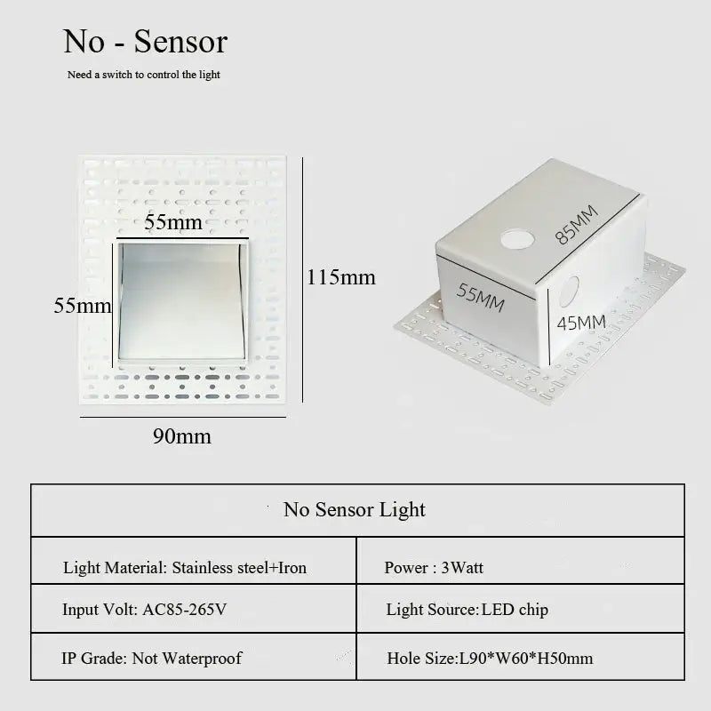 Simples Market embedded frameless LED stair wall lamp, 3W indoor nightlight, stainless steel and iron, 100-240V