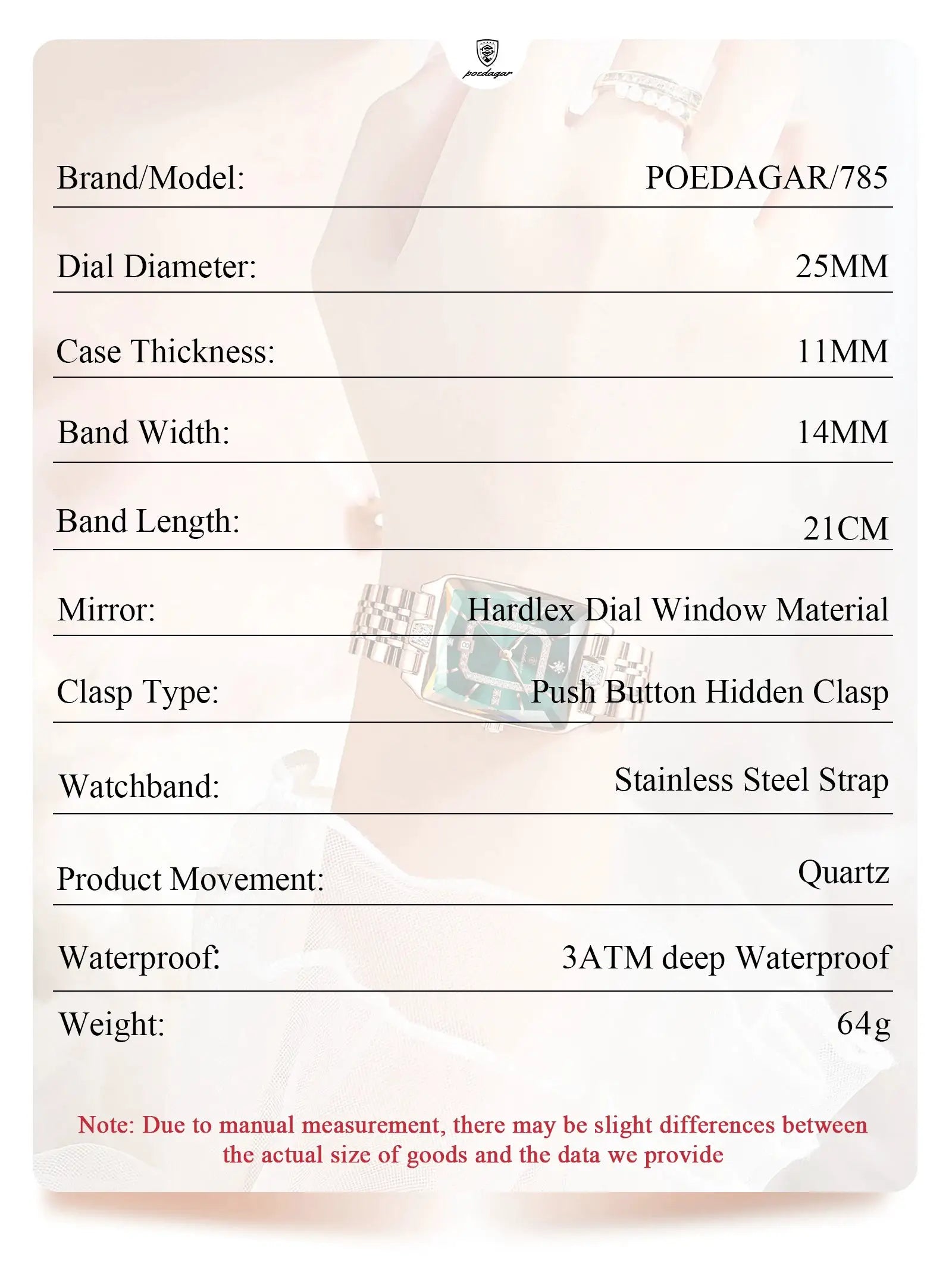 POEDAGAR luxury women's wristwatch with stainless steel strap, 25mm dial, quartz movement, 3ATM waterproof