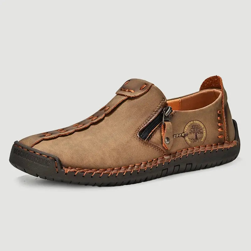 Simples Market brown leather men's slip-on loafers with moccasin stitching and side zipper