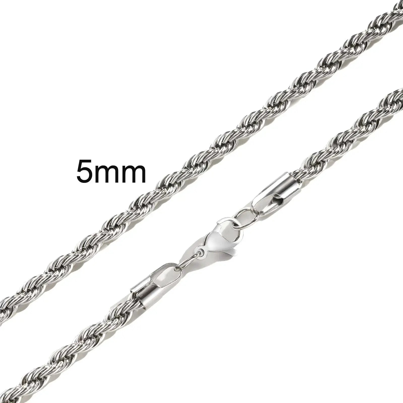 Rope chain necklace, stainless steel silver 5mm wide, 16–36 inch unisex length, Simples Market