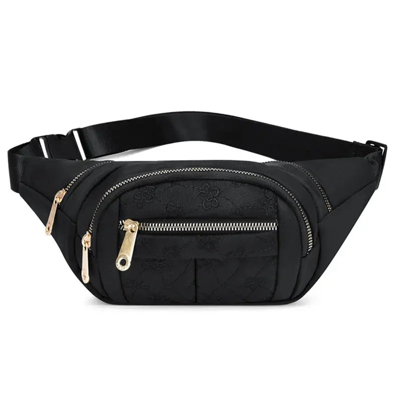Simples Market women's waist bag, black Oxford cloth waterproof belt bag with gold zippers