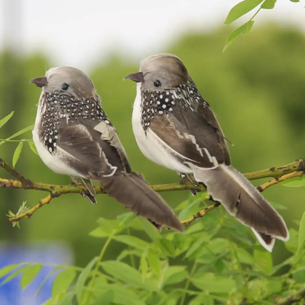 Artificial sparrow birds, 2 brown-gray foam feather decorations for garden decor, perched on a branch