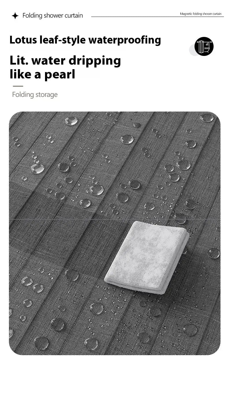 Magnetic foldable linen bath curtain by Simples Market; gray waterproof fabric with water droplets