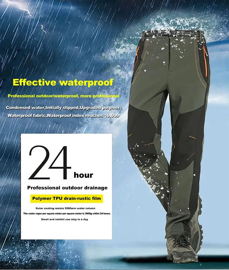 JNLN men's waterproof hiking pants in olive/green soft-shell with black knee panels and orange zip pockets