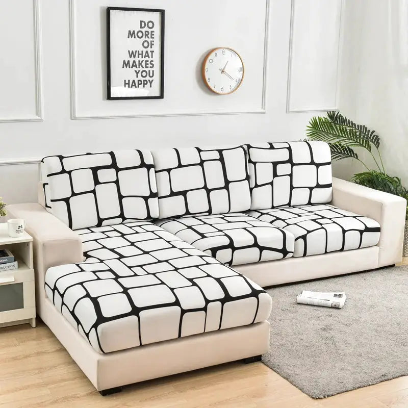 Stretch couch cushion slipcovers for sectional sofa; black geometric grid pattern on white cushions.