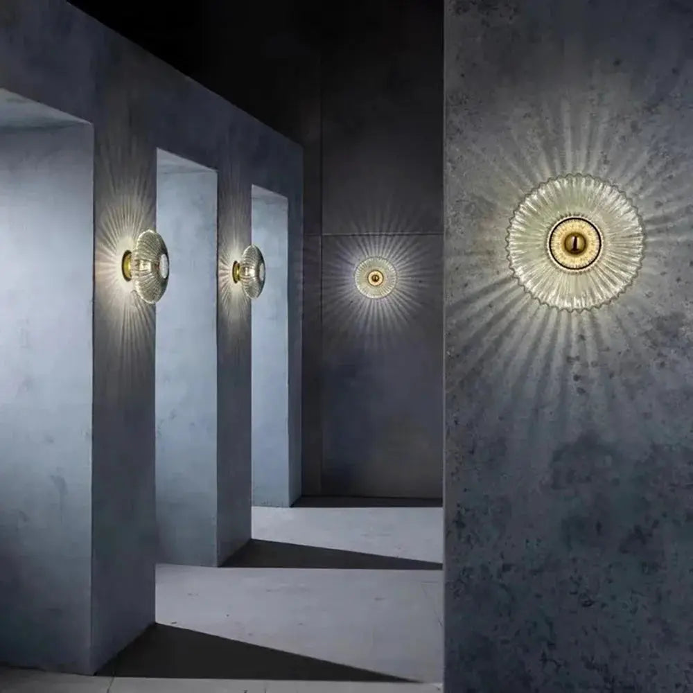 Nordic LED glass wall sconces; four circular radial lights with gold centers, wall-mounted decorative lighting.