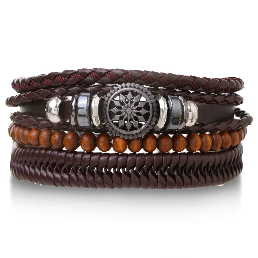 4 Piece Set Braided Leather Wrap Bracelets For Men Vintage Life Tree Rudder Charm Wood Beads Ethnic Tribal Wristbands