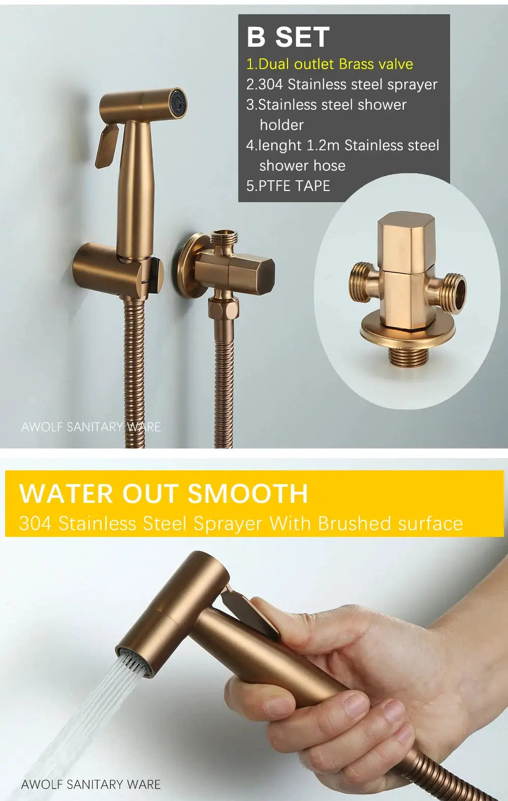 Handheld bidet sprayer set in brushed rose gold stainless steel with hose and brass valve AWOLF Sanitary Ware