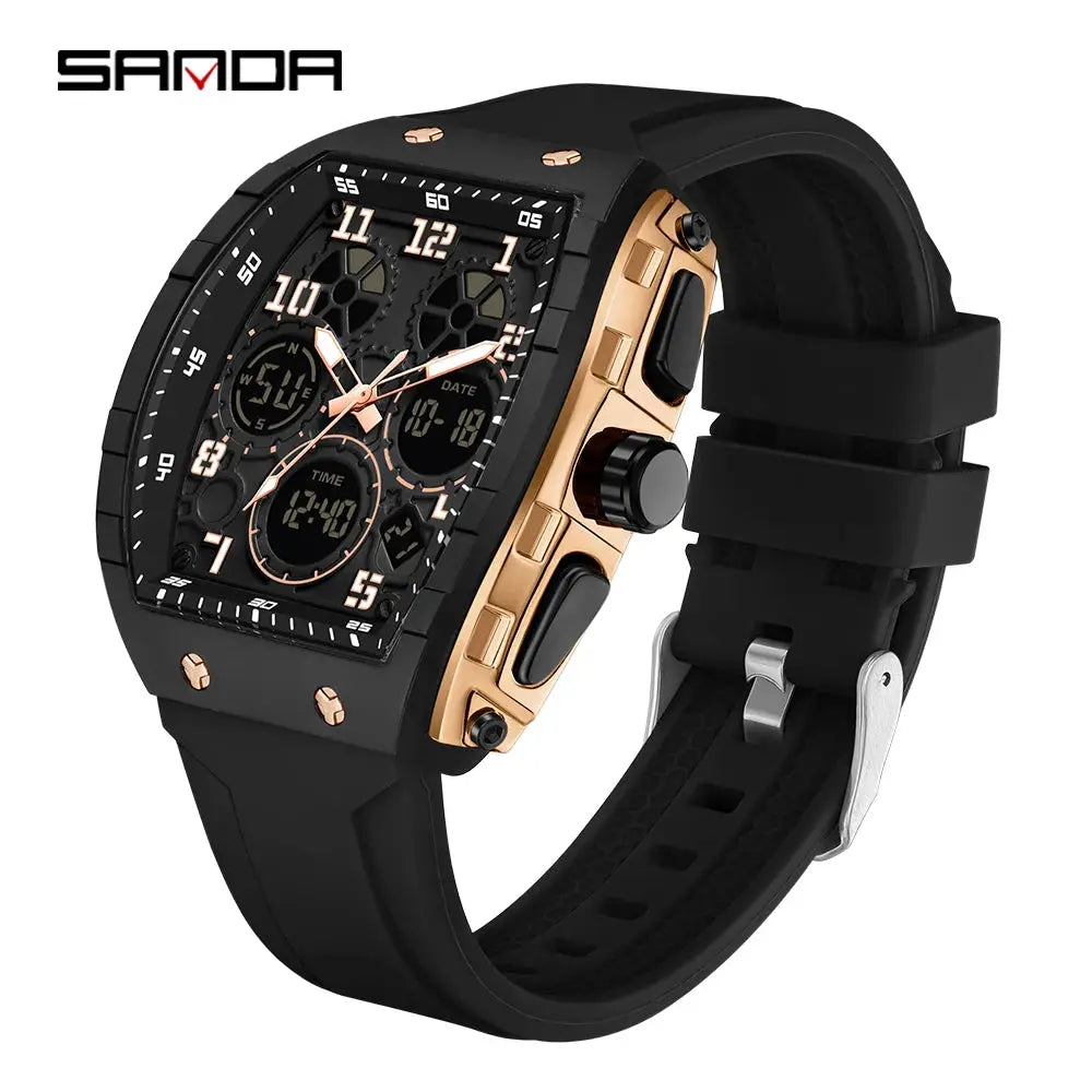 SANDA Tonneau Dial Digital Watch for Men Military Sport Dual Time Analog Digital LED Waterproof Wrist Clock