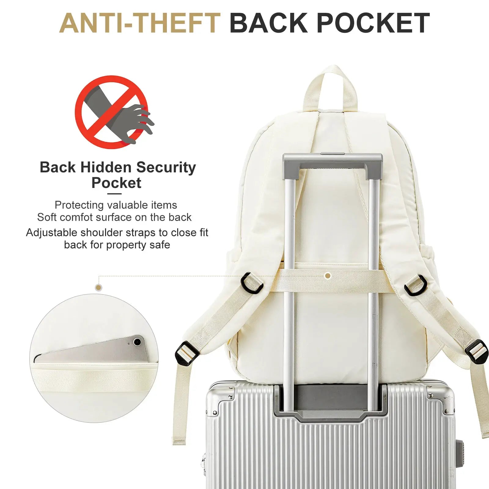 Cream backpack with back hidden security pocket and multipocket design, shown with luggage.