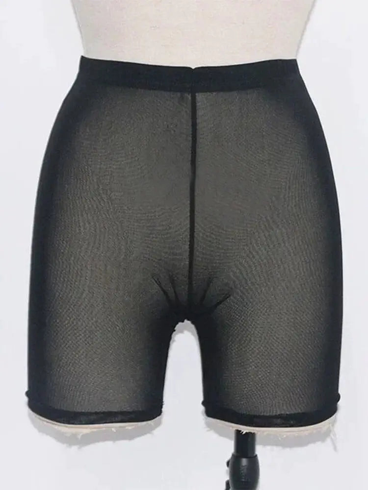 Women's shorts: black sheer mesh high-waist with lining.