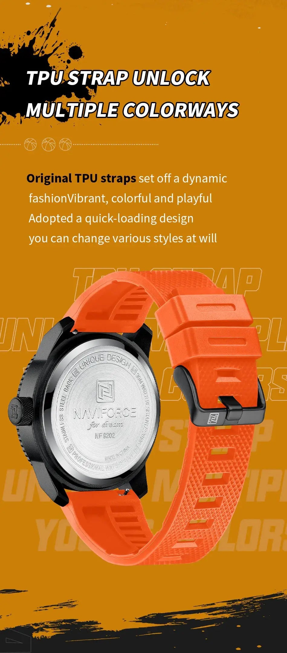 NAVIFORCE men's quartz watch with orange silicone strap and black case back, NAVIFORCE branding, 30ATM water resistant.