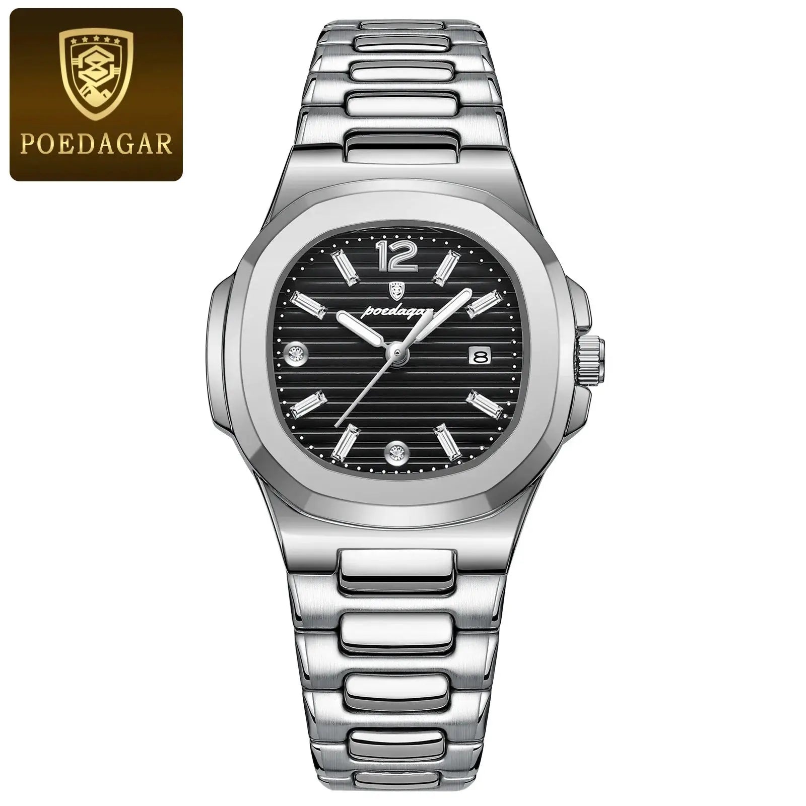 POEDAGAR square women’s wristwatch, stainless steel bracelet, black striped dial with date, luminous