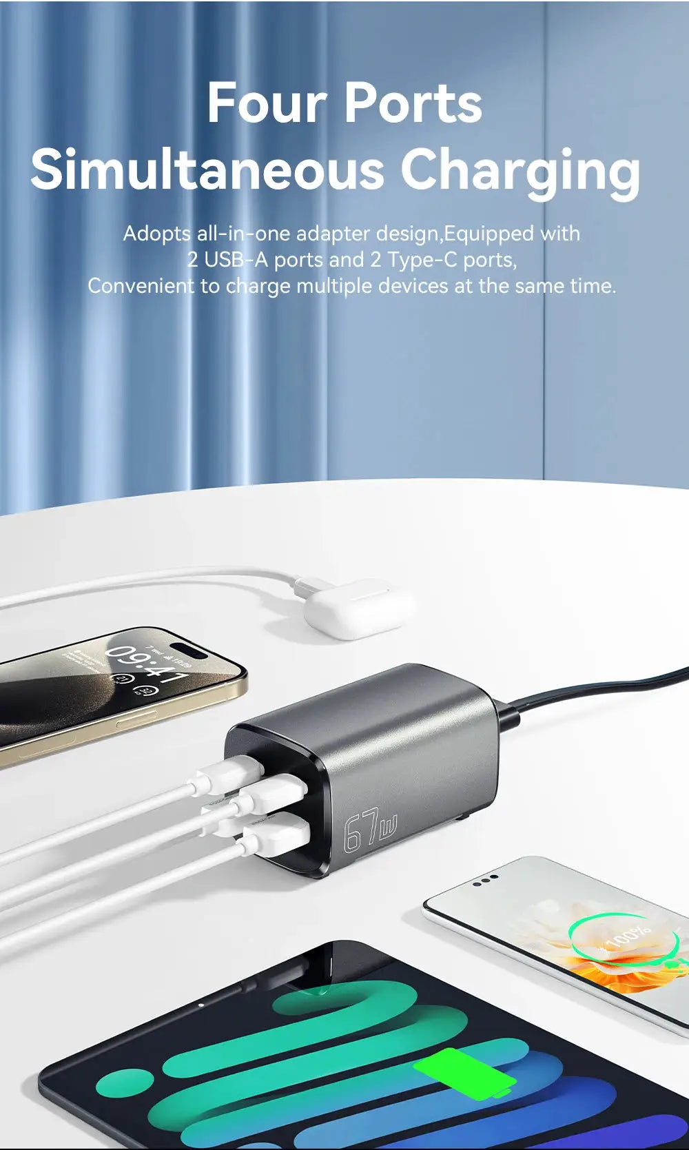 Essager 67W USB-C GaN desktop charger with four ports; gray metal block charges three devices at once.