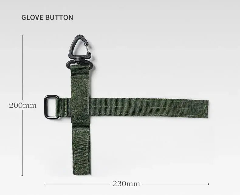 Nylon glove hook strap with carabiner clip, olive-green webbing, 230mm long