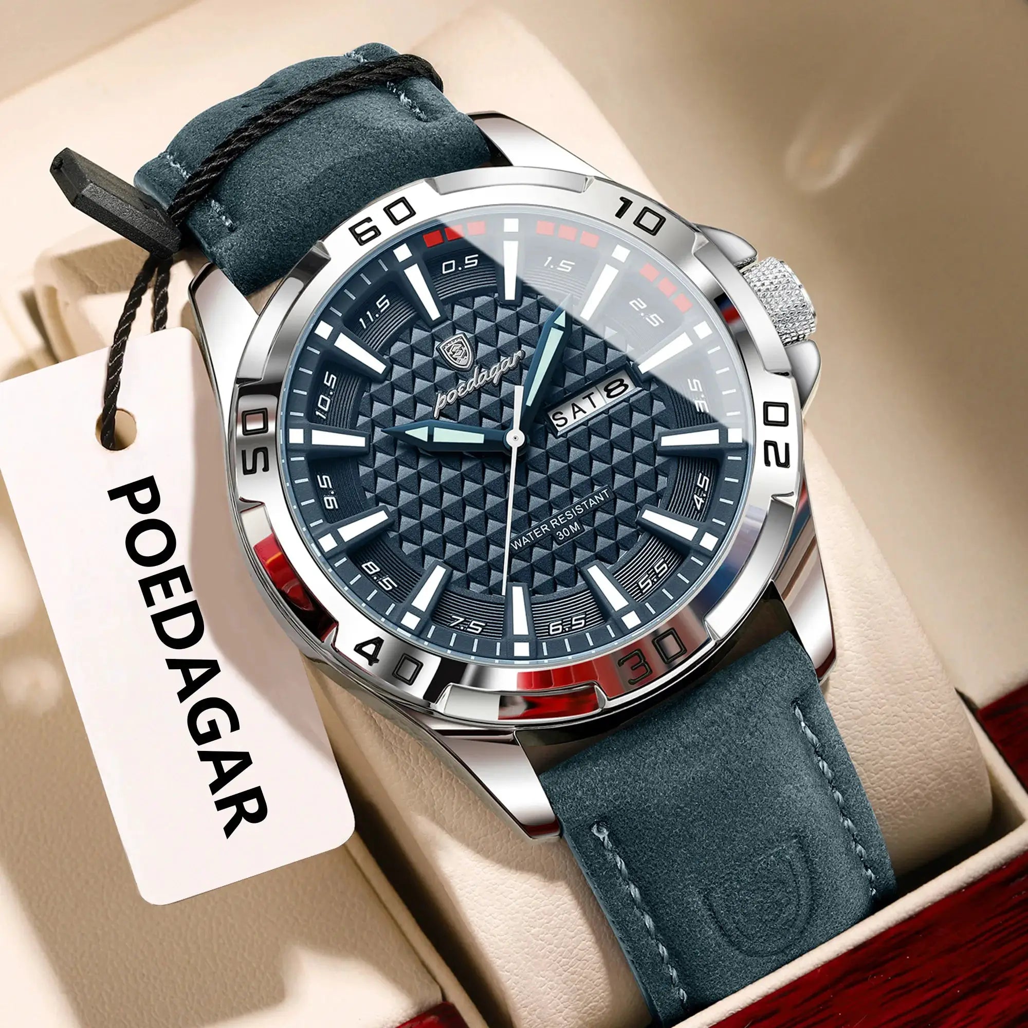 POEDAGAR Original Mens Luxury Waterproof Quartz Watch With Leather Strap Luminous Hands Date And Week Display