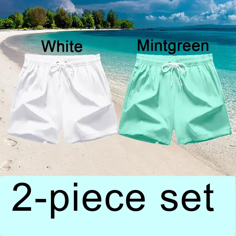 Men's swim trunks 2-piece set in white and mint green with drawstrings and pockets
