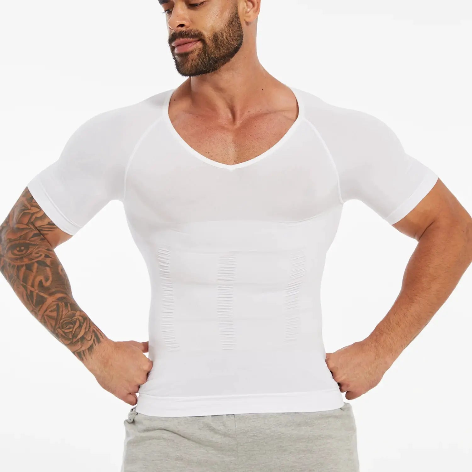 Men's white short-sleeve compression T-shirt with V-neck, Simples Market shapewear with tummy-control panels.