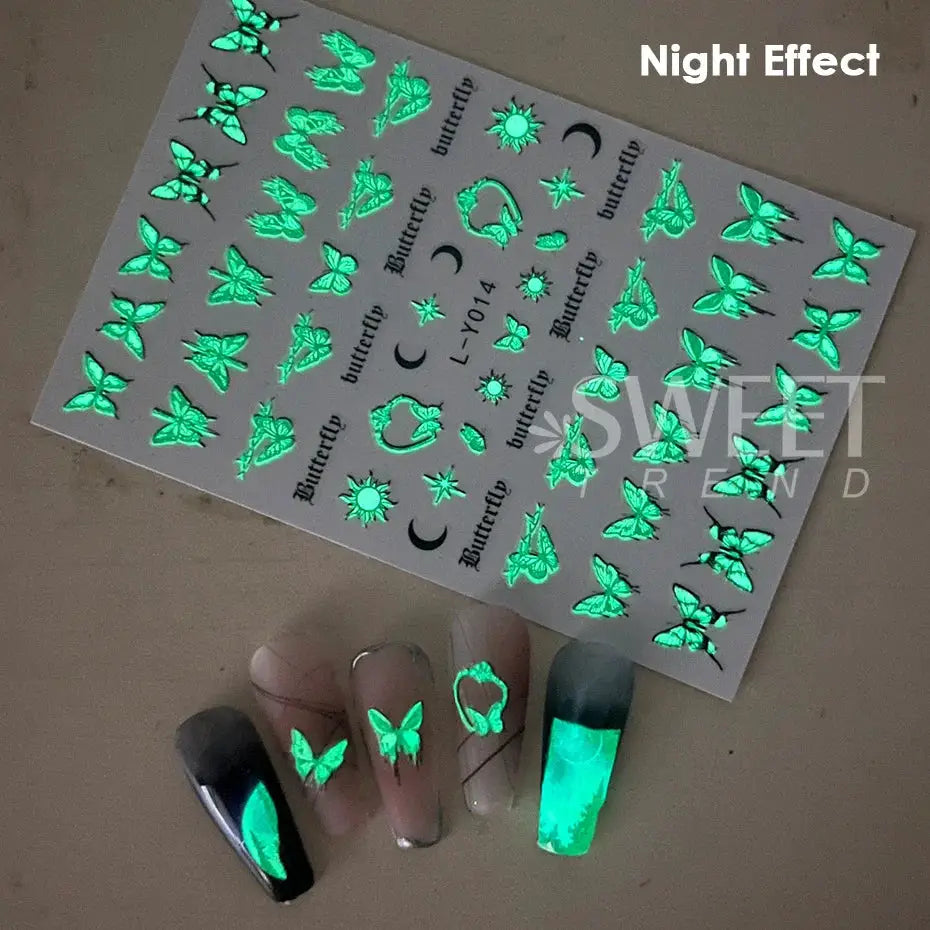 Nail decals 3pcs by Simples Market; neon green glow-in-the-dark butterfly stickers for manicure.