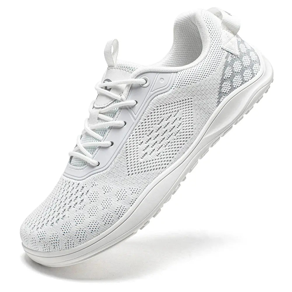 HOBIBEAR knit barefoot shoes, unisex white zero-drop sneaker with breathable knit upper.