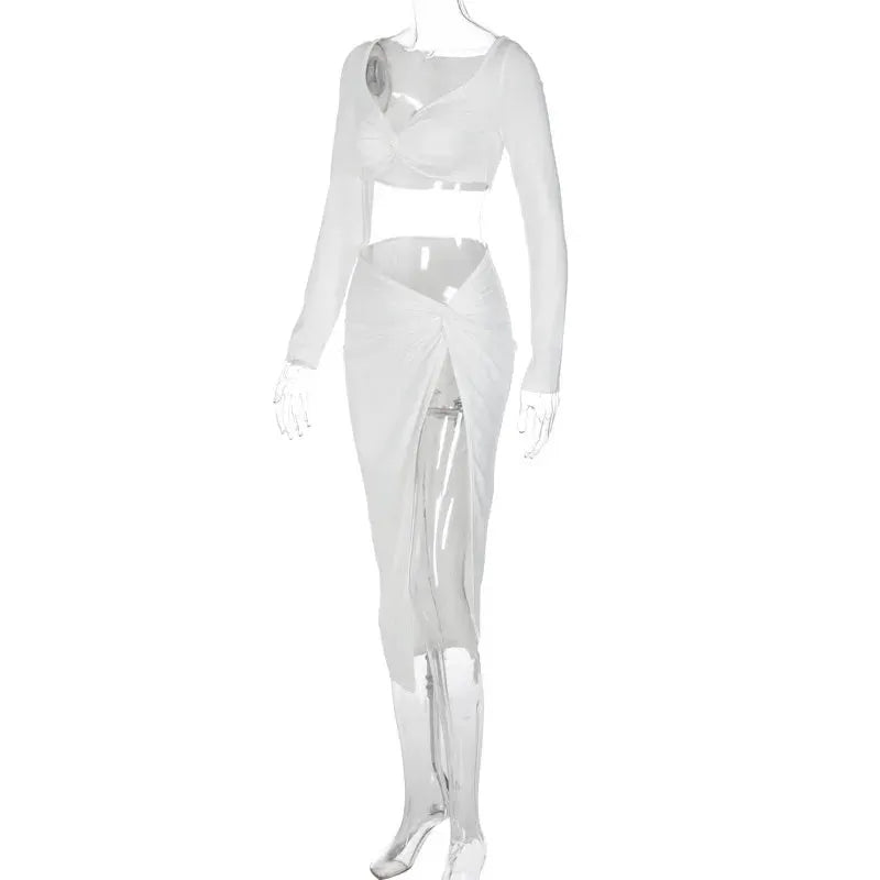 Ruched Long Sleeve Cropped Top And Asymmetric Split Skirt Coords Set
