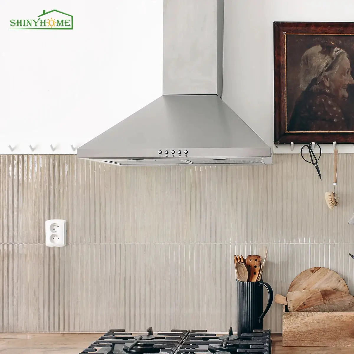 ShinyHome wood grain peel-and-stick backsplash tiles in a modern kitchen with stainless range hood