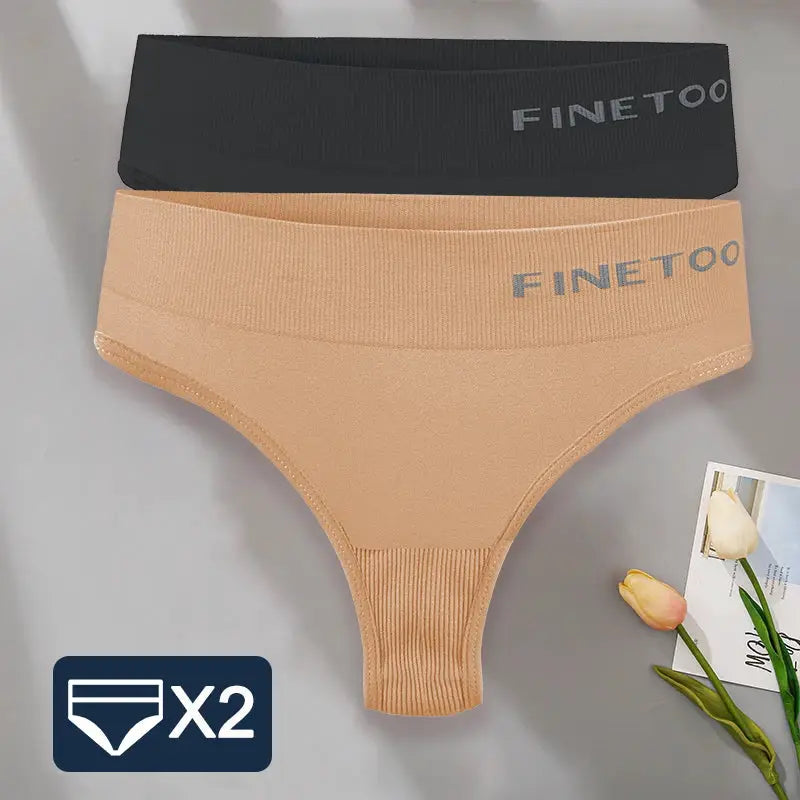 FINETOO two-pack women's thong panties in black and nude with high-waist ribbed waistband