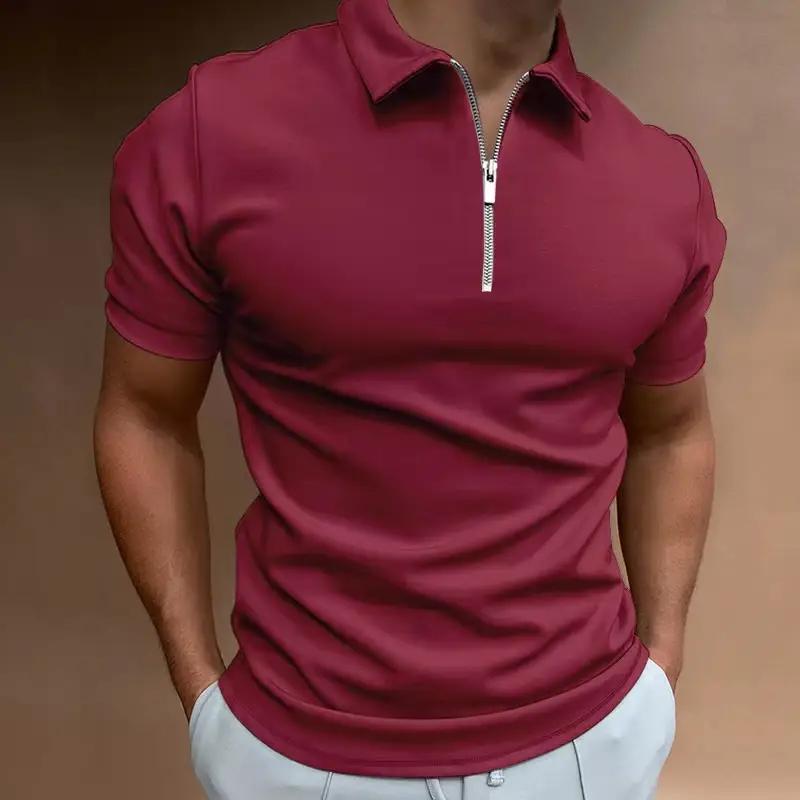Men's maroon polo shirt with turn-down collar and front zipper, short sleeves.