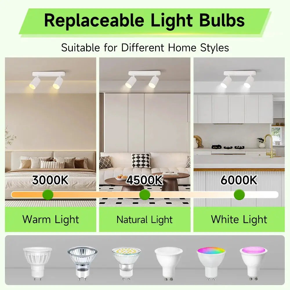 Simples Market Modern GU10 LED spotlight ceiling light with replaceable bulbs; adjustable color temps 3000K–6000K.