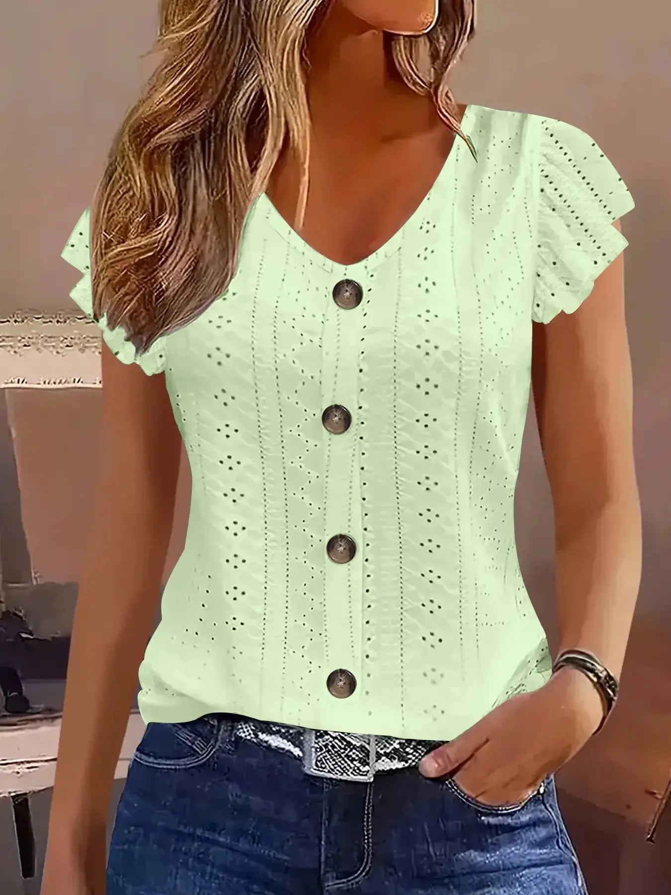 Simples Market mint green eyelet blouse with V-neck, short flutter sleeves and button-front