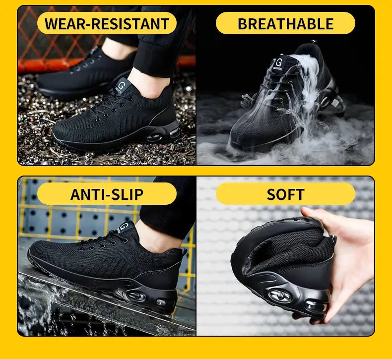 Air Cushion Work Safety Shoes by Simples Market, black breathable steel-toe sneakers for men and women