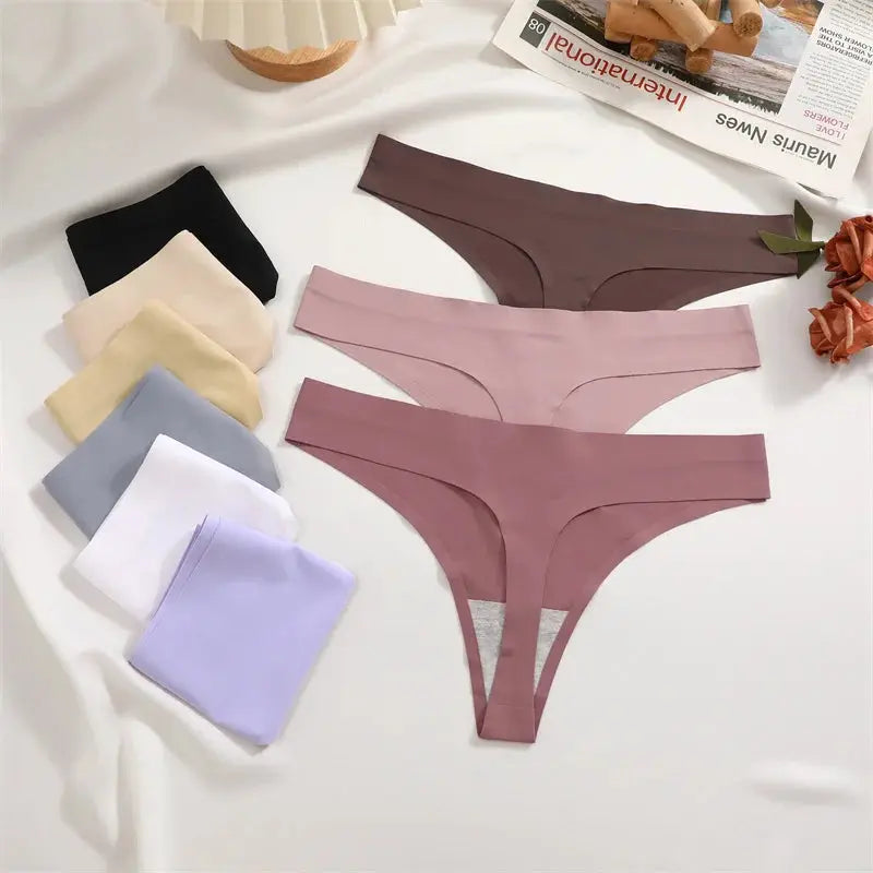 Simples Market 7pc ice-silk seamless G-string thong set in assorted solid colors (low-waist, T-back).