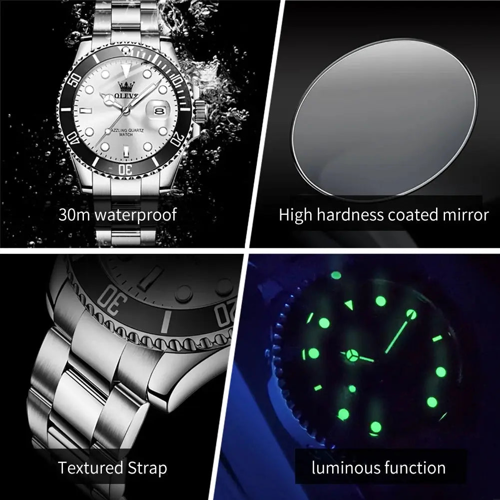 OLEVS stainless steel men's dive watch with 30m waterproof
