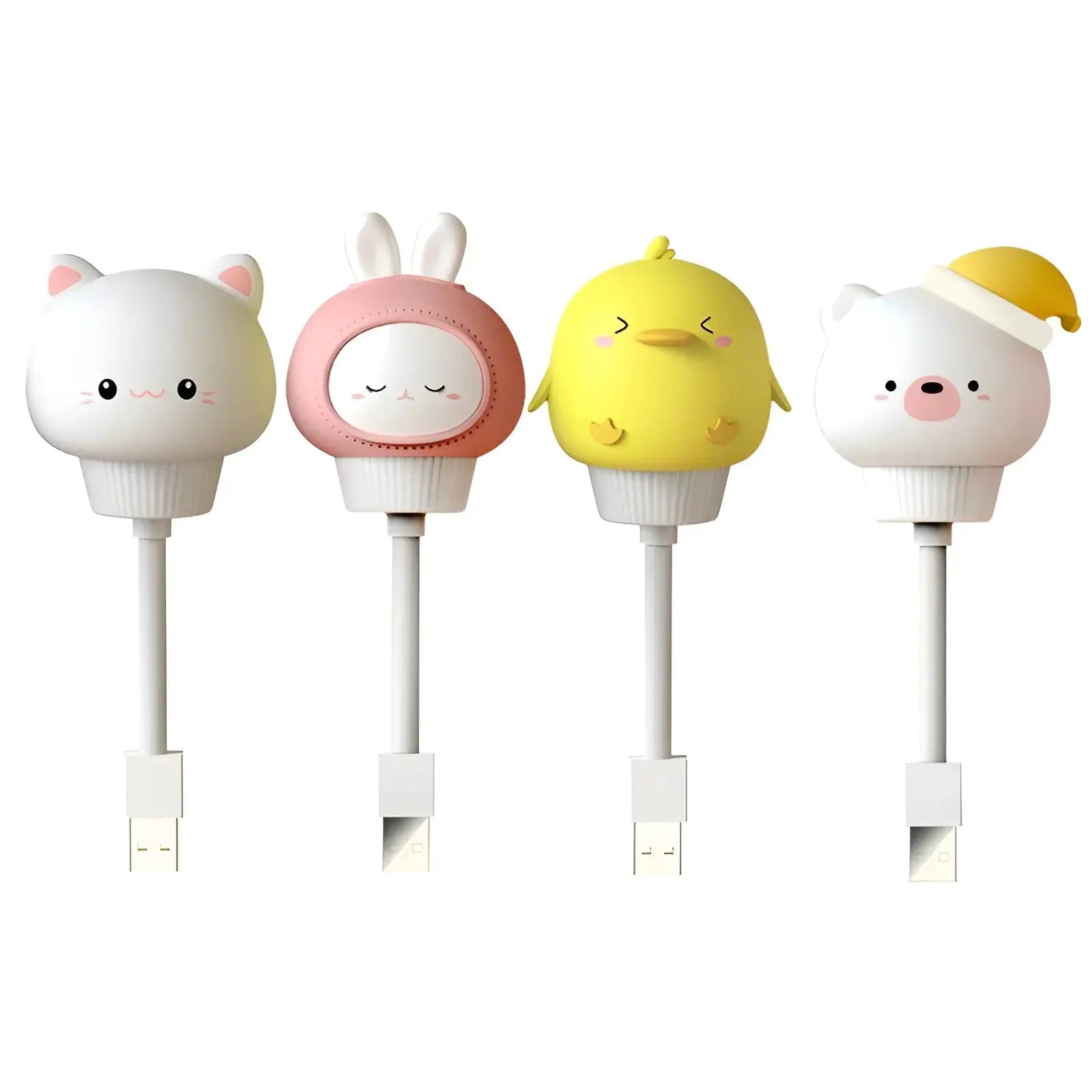 USB night light set of 4 with cute animal heads: white cat, pink bunny, yellow chick, and white pig with yellow hat.