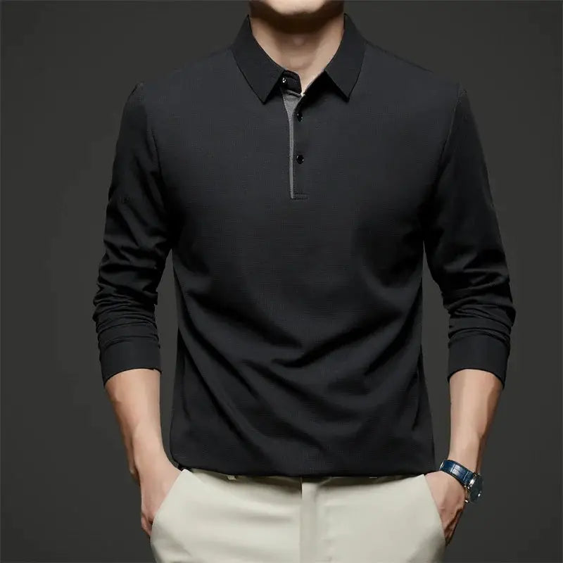 Men's black Simples Market polo shirt, long-sleeve business casual solid color top