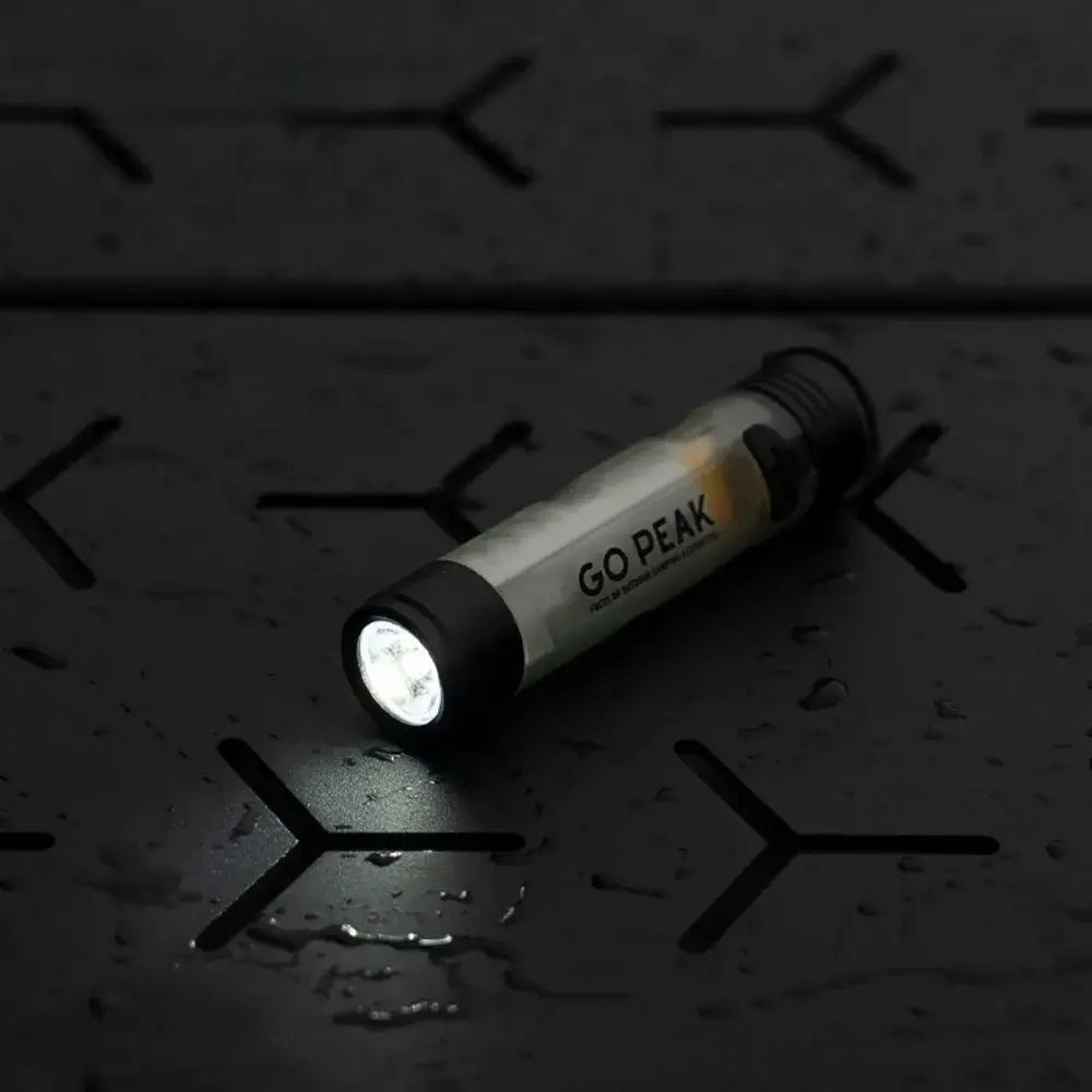 Go Peak mini pocket LED flashlight, metallic silver body with black end caps, USB rechargeable.