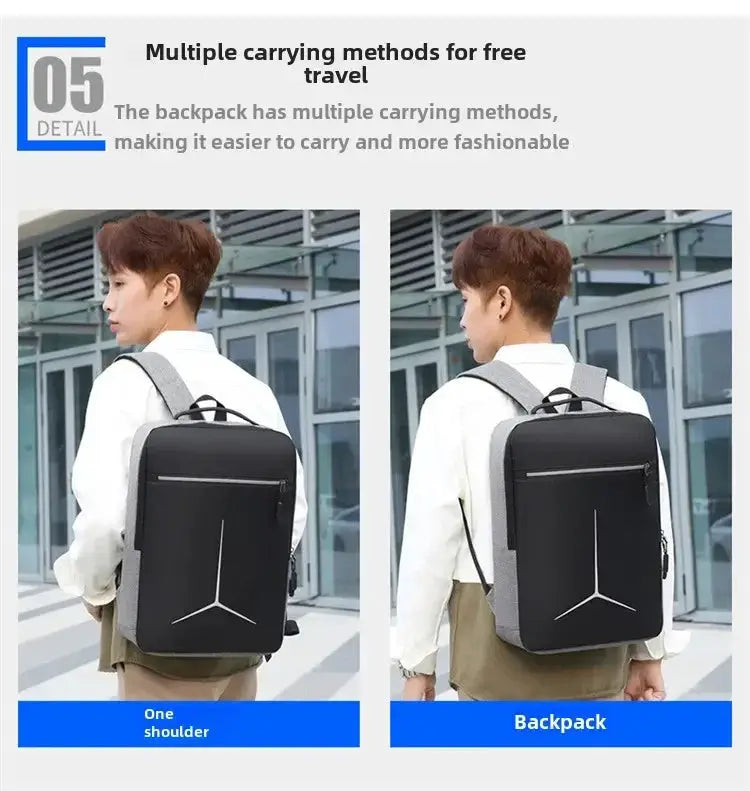 Anti-theft USB waterproof hard-shell backpack by Simples Market, black with grey straps, shown as one-shoulder and backpack