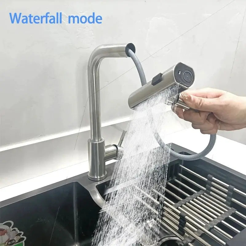 Grey stainless steel pull-out kitchen faucet with flexible hose and spray head by Simples Market