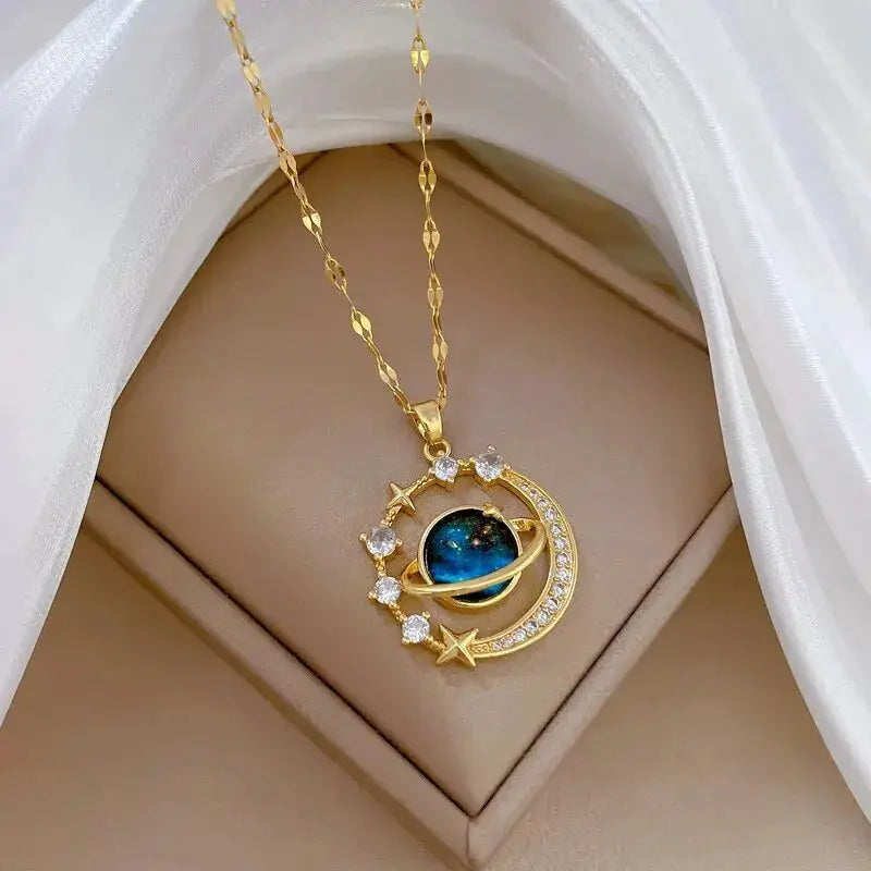 Light Luxury Titanium Steel Star Series Necklace For Women With Gold Planet Moon Astronaut Pendant Jewelry Gift