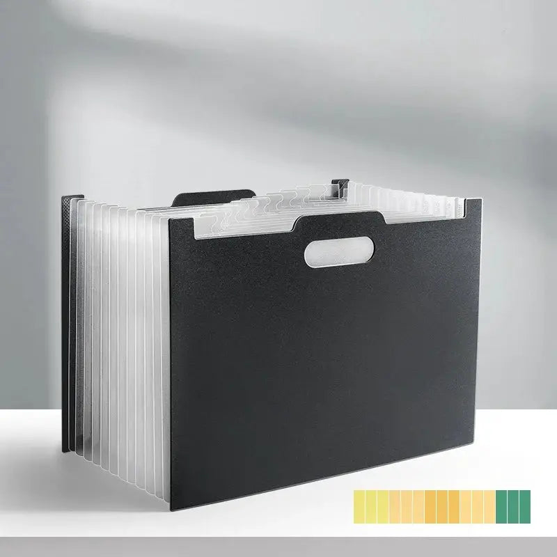 A4 foldable file storage box with white divider pockets in a black outer shell