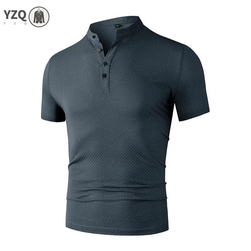 Men's navy textured polo shirt, short sleeves, 3-button placket, breathable fabric; YZQ logo
