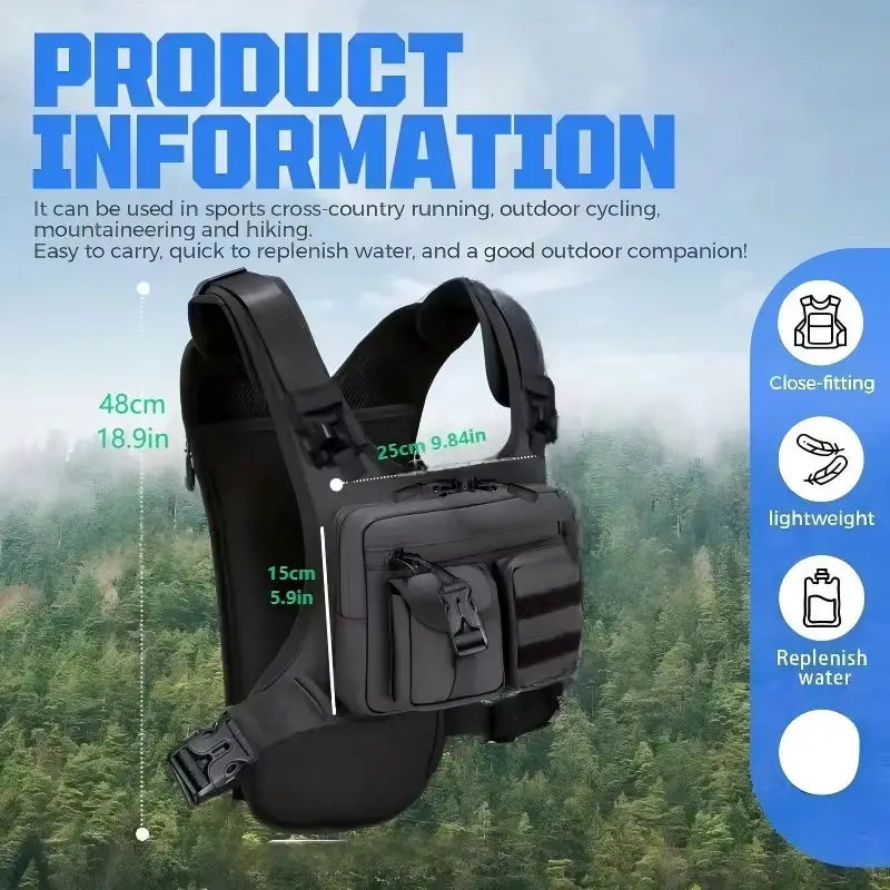 Lightweight running chest pack vest in black with multiple front pockets by Simples Market.