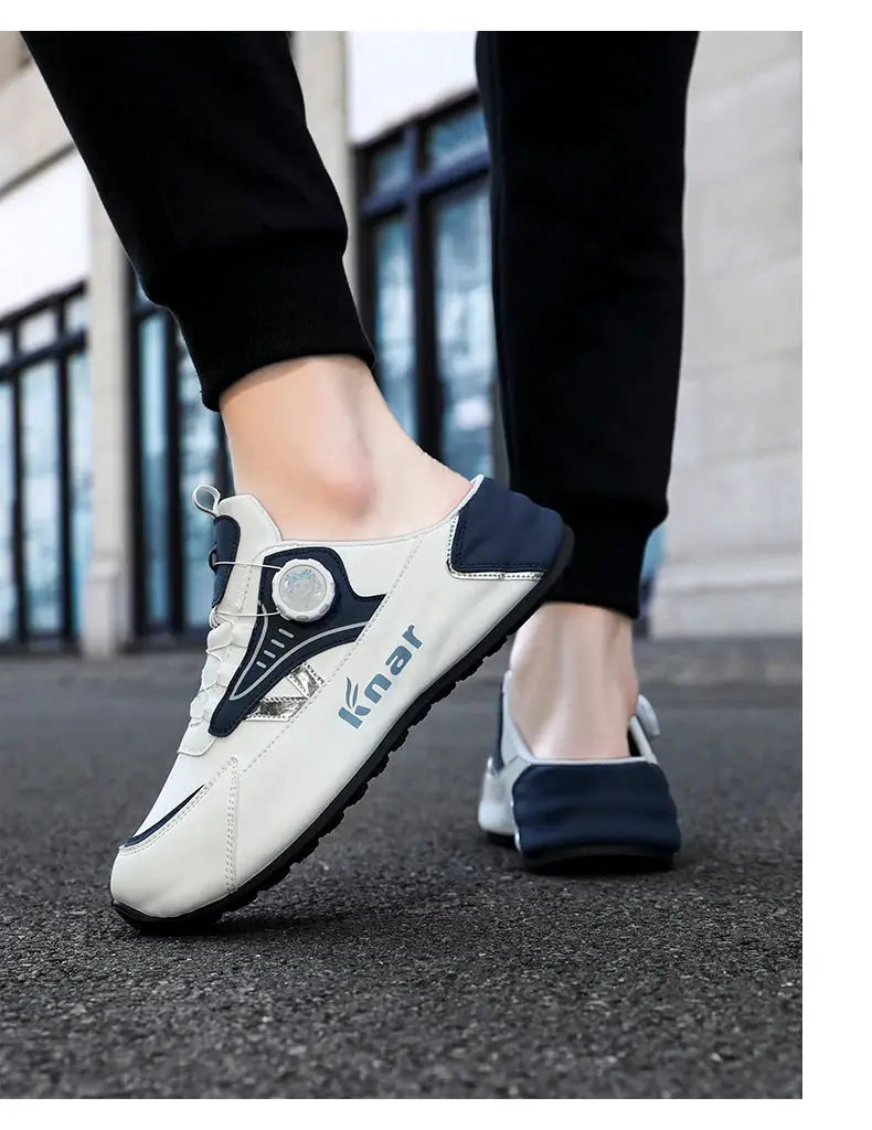 Simples Market men's lightweight running shoes, white with navy accents, breathable pair with non-slip outsole