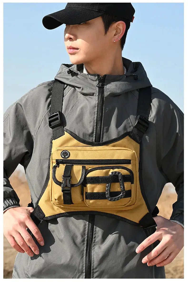 Outdoor tactical chest bag for men by Simples Market, tan EDC chest pack with front pockets.